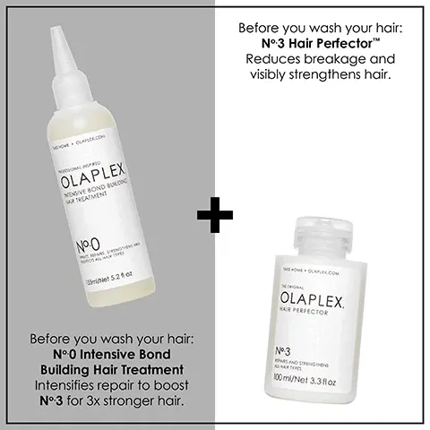 Image 1, Before you wash your hair: No0 Intensive Bond Building Hair Treatment Intensifies repair to boost No3 for 3x stronger hair plus Before you wash your hair: No3 Hair Perfector Reduces breakage and visibly strengthens hair. Image 2, No3 for 3x stronger hair plus Before you wash your hair: No3 Hair Perfector Reduces breakage and visibly strengthens hair plus In place of conditioner weekly: No8 Bond Intense Moisture Mask Deep treats for weightless moisture, body and shine. Image 3, Before you wash your hair No3 Hair Perfector Reduces Breakage and visibly strengthens hair. Cleanse your hair: No4 Bond Maintenance Shampoo. Clean, soft, shiny, hair without stripping or dryness. Hydrate your hair: No5 Bond Maintenance Conditioner Nourishes hair to prevent frizz, damage and split ends. Image 6, The environment come first, together with out updated carbon negative footprint from 2015 to 2021. We eliminate 35mm pounds of GHG from being emitted to the environment. We save 44k gallons of water from being wasted. We protect 57mm trees from being deforested. Image 7, Hair Cuticle Before, Hair Cuticle After.