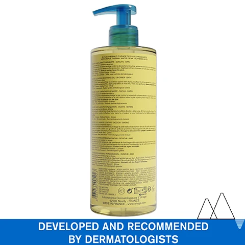 Image 1 - A bottle of shower gel with a green pump lid and a yellow label containing various ingredient descriptions and instructions, along with the text DEVELOPED AND RECOMMENDED BY DERMATOLOGISTS at the bottom.
              Image 2 - A woman is applying a nourishing gel-in-oil to her shoulder, and the image includes text that reads Mild foaming nourishing gel-in-oil, Face & Body, and VERY DRY SKIN - PRONE TO ATOPY.
              Image 3 - A woman with long brown hair smiles beside a young boy with curly black hair, both looking directly at the camera, with text overlay stating -75% of tightness and Cleanse & soothes itching sensation, along with a footnote about a clinical study.
              Image 4 - An infographic showcasing skin care ingredients including the Cerasterol-2F patent, shea butter extract, glycerin 19%, and Uriage thermal water, with descriptions of their benefits, and the text ADVANCED DERMATOLOGICAL FORMULA at the bottom.
              Image 5 - A scenic view of majestic snowy mountains reflected in a calm lake, with overlay text detailing product benefits: Recommended by dermatologists, Suitable for patients on cancer treatment, Fragrance-free, Soap-free & Preservative free, and Physiological pH.
              Image 6 - A transparent bottle of Uriage Xémose Cleansing Soothing Oil with a blue pump cap, featuring labels in multiple languages that describe the product and its benefits, including Cleansing Soothing Oil and Recommended by dermatologists.