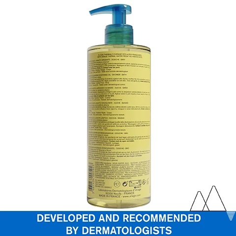 Image 1 - A bottle of Uriage Xémose cleansing oil with product information on the label in multiple languages, DEVELOPED AND RECOMMENDED BY DERMATOLOGISTS. Image 2 - Close up of a persons shoulder and neck with a drop of liquid on the skin, with the text Mild foaming nourishing gel-in-oil, Face & Body, VERY DRY SKIN - PRONE TO ATOBY. Image 3 - Close-up portrait of a child and a woman with text -75%* of tightness Cleanses & soothes itching sensation** *Clinical study under dermatological control on 30 volunteers with xerosis after 30 days. Clinical scores. **Related to dry skin Image 4 - A diagram lists four ingredients with icons and descriptions: BREVET URIAGE CERASTEROL .2F URIAGE PATENT [CERASTEROL-2F PATENT] Restructures & protects the skin from external aggressions, SHEA BUTTER EXTRACT Nourishes the skin, GLYCERIN 19% Moisturizes and leaves a non-greasy protective film, LEAU THERMALE DES ALPES URIAGE FRENCH ALPS THERMAL WATER URIAGE THERMAL WATER 100% pure & natural, softens and soothes all skin types, and finally ADVANCED DERMATOLOGICAL FORMULA at the bottom. Image 5 - A scenic image of snow-capped mountains reflecting in a lake with four overlaid icons and text labels: Recommended by dermatologists, Suitable for patients on cancer treatment, Fragrance-free, Soap-free & Preservative free, Physiological pH. Image 6 - A large bottle of Uriage Xémose Cleansing Soothing Oil with a blue pump dispenser and a visible pour of oil is shown, displaying the text RECOMMENDED BY DERMATOLOGISTS, URIAGE EAU THERMALE, Xémose, HUILE LAVANTE APAISANTE, Nettoie, Relipide, Protège, CLEANSING SOOTHING OIL, Cleanses, Replenishes lipids, Protects, PEAUX TRÈS SÈCHES À TENDANCE ATOPIQUE, VERY DRY SKIN PRONE TO ATOPY, VISAGE - CORPS / FACE - BODY, NON PARFUMÉ / UNSCENTED, TESTÉ SOUS CONTRÔLE DERMATOLOGIQUE, URIAGE, LEAU THERMALE DES ALPES, 500 ml e, and 17 fl.oz.