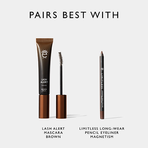 Image shows a tube of brown mascara labeled LASH ALERT with a mascara wand beside it, and a pencil eyeliner labeled LIMITLESS LONG-WEAR PENCIL EYELINER MAGNETISM on the right, with the text PAIRS BEST WITH at the top.