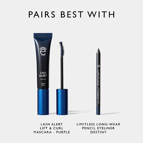 Image shows three beauty products: a tube of lash mascara labeled Lash Alert in purple, a mascara wand, and a pencil eyeliner labeled Limitless Long-Wear Pencil Eyeliner in Destiny, with the text PAIRS BEST WITH at the top.