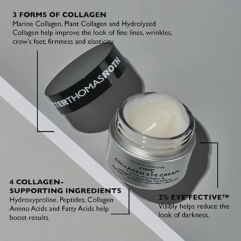 Image 1 - A silver jar of eye cream labeled COLLAGEN FIRM* COLLAGEN EYE CREAM is shown on a gray background with text highlighting key ingredients and benefits, stating 3 FORMS OF COLLAGEN Marine Collagen, Plant Collagen and Hydrolyzed Collagen help improve the look of fine lines, wrinkles, crows feet, firmness and elasticity, 4 COLLAGEN-SUPPORTING INGREDIENTS Hydroxyproline, Peptides, Collagen Amino Acids and Fatty Acids help boost results, and 2% EYEFECTIVE™ Visibly helps reduce the look of darkness.
              Image 2 - A close-up of a woman gently applying a product to her under-eye area, with a tear of the product visible on her skin, featuring text that reads HOW TO USE Apply twice daily to the eye area with continued use. For external use only.*Individual results may vary.
              Image 3 - Image shows three skincare products arranged on a light gray surface, with a silver serum bottle labeled DAILY SERUM FIRM + TIGHTEN, a white eye cream container labeled EYE CREAM SMOOTH + HYDRATE, and a moisturizer jar labeled DAILY MOISTURIZER LOCK HYDRATION + BOOST ELASTICITY, along with the text FIRMx® ROUTINE at the top.