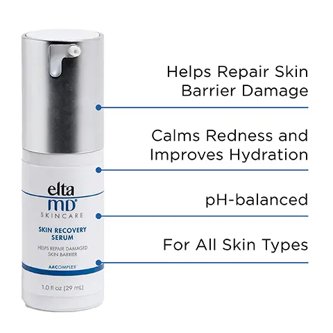 Image 1, elta MD SKINCARE SKIN RECOVERY SERUM HELPS REPAIR DAMAGED SKIN BARRIER AACOMPLEX Helps Repair Skin Barrier Damage Calms Redness and Improves Hydration pH-balanced For All Skin Types 1.0 fl oz (29 mL) Image 2, dermatologist recommended skin care. Image 3, Strengthens and renews the skin's natural barrier, and visibly reducing redness in just 24 hours Image 4, Use fingertips to gently apply over the face and neck after cleansing and toning skin, morning and evening. For optimal results, use with the entire Skin Recovery System. Image 5, The EltaMD skin recovery serum has really made a difference in my skin. I can see a real improvement after use. My skin has been less irritated and my redness has been reduced. - VERIFIED CUSTOMER Image 6, Paraben-free Vegan Oil-free Noncomedogenic Dermatologically Tested 10 Fragrance-free Dye-free ph pH-Balanced Image 7, Complete Your Regimen elta MD SKINCARE SKIN RECOVERY ESSENCE TONER HOPS REPAIR DAMAGED SKON BARRER AACOMPLEX elta MD SKINCARE SKIN RECOVERY SERUM elta MD SKINCARE SKIN RECOVERY UGHT MOISTURIZER DONA AAC TECHNOLOGY elta MD SKINCARE UV CLEAR BROAD-SPECTRUM SPF 46 CAL SUNSHIN 10101290 SKIN RECOVERY ESSENCE TONEW SKIN RECOVERY SERUM SKIN RECOVERY LIGHT MOISTURIZER UV CLEAR
