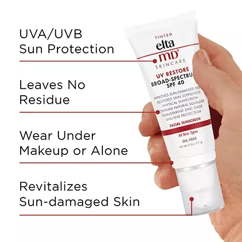 Image 1, UVA/UVB sun protection, leaves no residue , wear under makeup or alone and Revitalizes sun damaged skin. Image 2, number 1 dermatologist recommended, trusted, personally used professional sunscreen brand. Image 3, formulated with hyaluronic acid to reduce the appearance of fine lines and wrinkles. Image 4, Recommended skin cancer foundation daily use. Recommended as an effective broad-spectrum sunscreen. Image 5, UV DAily, UV Clear, UV Elements, UV Glow, UV Physical, UV luminous and UV Restore. Image 6, verified customer review: only sunscreen i trust. Does not leave any white residue and is not too thick. I love the texture. Image 7, Paraben free, vegan, noncomedogenic, oil free, fragrance free and sensitivity free. Image 8, complete your regimen, UV restore, foaming facial cleanser, skin recovery toner, AM therapy and skin recovery face serum. Image 9, active ingredients 15% zinc oxide, 2% titanium dioxide.