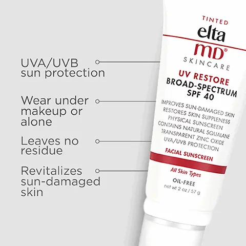 Image 1, UVA/UVB sun protection, leaves no residue , wear under makeup or alone and Revitalizes sun damaged skin. Image 2, number 1 dermatologist recommended, trusted, personally used professional sunscreen brand. Image 3, Ginger root, improves skin tone, texture and smoothness, minimizes the appearance of redness, discolouration and dark spots. Image 4, think zinc oxide, natural mineral compound that works as a sunscreen agent by reflecting and scattering IVA and UVB rays. Image 5, active ingredients, 15% zinc oxide, 2% titanium dioxide. Image 6, Trusted by Dermatologists. Loved by skin. For over 30 years, EltaMD has been creating innovative products that cater to all skin types and conditions, from cosmetically elegant sunscreen to skincare that repairs and rejuvenates skin. Image 7, Free From oxybenzone parabens ◇ fragrances ◇ dyes. Image 8, complete your regimen