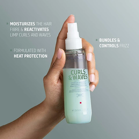 Image 1 - A persons hand holds a light green and white spray bottle for hair, with text on the bottle that reads GOLDWELL CURLS & WAVES HYDRATING SERUM SPRAY SÉRUH HYDRATANT FEUCHTIGKEITS SERUM SPRAY COLOR GOLDWELL ELASTICITY & BOUNCE PROTECTION FOR ALL TYPES OF CURLS AND WAVES PROTECTION ÉLASTICITÉ ET REBOND POUR TOUS TYPES DE BOUGLES ET ONDULATIONS ELASTIZITÄT UND SPANNKRAFT SCHUTZ FÜR ALLE LOCKEN UND WELLEN TYPEN e 150ml 5 FL.OZ, and surrounding text highlights MOISTURIZES THE HAIR FIBRE & REACTIVATES LIMP CURLS AND WAVES, FORMULATED WITH HEAT PROTECTION, and BUNDLES & CONTROLS FRIZZ. Image 2 - A translucent light green spray bottle of Goldwell Dualsenses Curls & Waves Hydrating Serum Spray is displayed with floating liquid drops, featuring visible text on the bottle: GOLDWELL DUALSENSES CURLS & WAVES, HYDRATING SERUM SPRAY, HYDRATANT SERUM SPRAY, FEUCHTIGKEITS SERUM SPRAY, ELASTICITY FOR CURLS & WAVES, ELASTICITE POUR VOS BOUCLES ET ONDULES, ELASTIZITÄT FÜR LOCKEN UND WELLENHAAR, COLOR PROTECTION logo, e 150mL | 5 FL.OZ, and further descriptive text next to it: BLENDED WITH MICROPROTEC COMPLEX that distributes essential care ingredients quickly and evenly, MILK-PROTEIN that helps to improve elasticity with bouncing effect, for hydrated and reactivated curls, and With BUILT-IN COLOR PROTECTION. Image 3 - A clear spray bottle with a white spray top, containing light green liquid, and its detached white cap, displays text GOLWELL DUALSENSES CURLS & WAVES HYDRATING SERUM SPRAY SPRAY SÉRUM HYDRATANT FEUCHTIGKEITS SERUM SPRAY COLOR 150 ml 5 FL.OZ, with additional text at the bottom reading ClimatePartner certified product climate-id.com/PBNVQ3, a QR code, and CO2 measure reduce contribute.