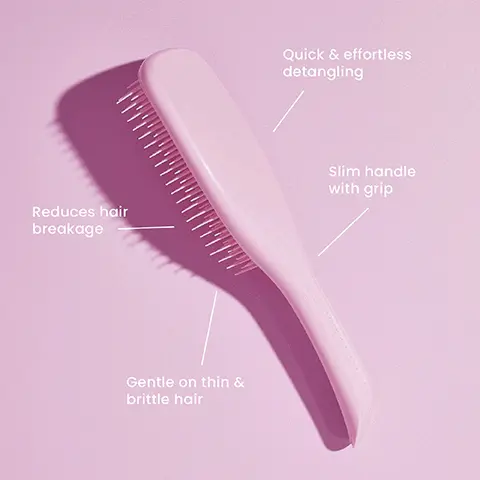 Image 1, uick & effortless detangling Reduces hair breakage Slim handle with grip Gentle on thin & brittle hair Image 2, ﻿ 15.5 22.1 cm cm 5.3 cm The Ultimate Detangler Mini Great for small hands 6.6 cm The Ultimate Detangler Fine & Fragile 23.6 cm ་ 7.9 cm The Ultimate Detangler Large Great for Thick & Curly Hair Types