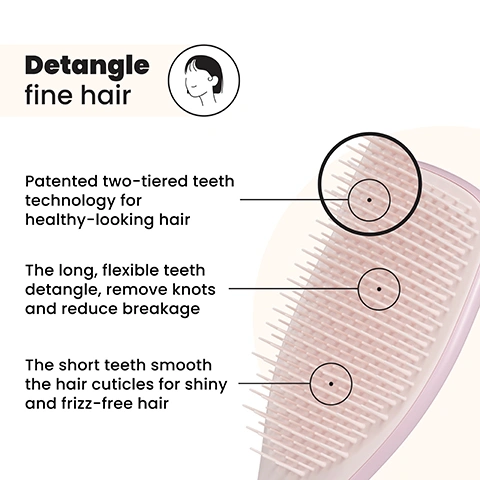 Image 1 - A pink hairbrush with two-tiered bristles is shown alongside text describing its features: Detangle fine hair, Patented two-tiered teeth technology for healthy-looking hair, The long, flexible teeth detangle, remove knots and reduce breakage, The short teeth smooth the hair cuticles for shiny and frizz-free hair. Image 2 - A young East Asian woman with long dark hair smiles slightly while brushing a section of her hair near her ear with a light pink brush, and the text reads Soft-flex teeth for fine or thin hair. Image 3 - A light pink detangling hairbrush is shown with five features listed beside it: Less breakage for smooth & healthy looking hair, Quick & effortless detangling, Ideal for wet or dry hair, 20% softer teeth than The Ultimate Detangler, and Brush through treatments. Image 4 - A split image showing a womans hair before and after treatment, with lighter, duller hair on the left labeled BEFORE and darker, shinier hair on the right labeled AFTER, accompanied by text that reads 96% of users found it gentler on their scalp* and 94% experienced less pulling and tugging*, with a footnote *116 UK respondents aged 30-50 testing after 2 weeks. (2018). Image 5 - The image displays a comparison of three hairbrush sizes, Mini, Regular, and Large, each showing dimensions and suitable hair types: The Mini brush, an outline, is 15.5cm high and 5.3cm wide, recommended for Fine and Straight - Wavy hair; the pink Regular brush with visible bristles is 21.1cm high and 6.6cm wide, with additional text For daily detangling, suitable for Fine, Straight - Wavy, and Curly - Coily hair; and the Large brush, an outline, is 23.6cm high and 7.9cm wide, recommended for Fine, Straight - Wavy, Thick & long, and Curly - Coily hair. Image 6 - A grid of four hair samples showing dark brown curly hair, light brown straight hair, dark brown thin hair, and dark wavy hair, with text labels Curly, Straight, Thin, Wavy, and a central banner that reads For all fine hair types.