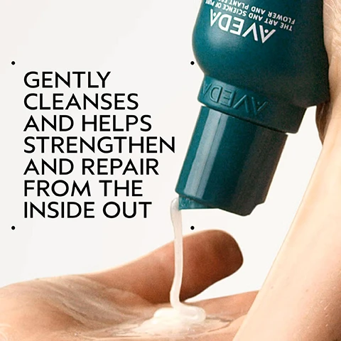 Image 11 - A split image shows a womans back and long blonde hair, with the left side labeled BEFORE depicting unwashed, slightly frizzy hair, and the right side labeled AFTER showing smooth, straight hair, with text reading BEFORE, AFTER, Unwashed Hair, and Results with botanical repair™ strengthening shampoo, strengthening conditioner and strengthening overnight serum. Blow dried with round bristle hair brush. Image 12 - The image shows a before and after comparison of a person with dark hair, depicting on the left side their unwashed, frizzy, and voluminous hair, and on the right side their smooth, straight, and sleek hair, with visible text BEFORE, AFTER, Unwashed Hair, and Results with botanical repair™ strengthening shampoo, strengthening conditioner and strengthening overnight serum. Blow dried with round bristle hair brush. Image 13 - A dark green background with a central circular element displaying swirling green and yellowish liquid, accompanied by text that reads: PLANT-DERIVED BOND BUILDING MOLECULE. PLANT-DERIVED BOND BUILDING MOLECULE PENETRATES DEEP WITHIN THE CORTEX BUILDING NEW BONDS FOR STRONGER HAIR. NOURISHING MACRO-GREEN BLEND. WITH AVOCADO, GREEN TEA AND SACHA INCHI OILS SMOOTHS THE CUTICLE TO DETANGLE AND HELP PREVENT BREAKAGE. Image 14 - An infographic on a green background titled HOW TO USE, shows a four-step hair care routine: 01 CLEANSE using botanical repair strengthening shampoo, depicted by hands in wet hair; 02 CONDITION using botanical repair strengthening conditioner, shown being dispensed into a hand; 03 REPAIR using botanical repair strengthening overnight repair serum and botanical repair intensive strengthening masque light, shown being dispensed from a pump bottle; and 04 STYLE using botanical repair strengthening bond building styling crème, shown with a person combing wet hair. Image 15 - A dark green background with tropical leaves displays three white certification logos: a circular logo with a V and the text 100% VEGAN, a Certified B Corporation logo with a B inside a circle and the text Certified Corporation, and a Cruelty Free International logo featuring a leaping bunny. Image 5 - A dark teal Aveda bottle dispenses a creamy white product into an open hand, with text reading GENTLY CLEANSES AND HELPS STRENGTHEN AND REPAIR FROM THE INSIDE OUT. Image 6 - A hand holds a teal tube of Aveda Botanical Repair Intensive Strengthening Masque next to wet, dark brown hair, with text overlaid that reads INTENSELY STRENGTHENS AND BUILDS BONDS FOR DEEP REPAIR. Image 7 - A hand squeezes a white cream from a teal tube into an open palm, with visible text on the tube reading traitement réparateur sans rinçage réparation à base de plantes and additional text stating INSTANTLY STRENGTHENS AND REPAIRS FROM THE INSIDE OUT.