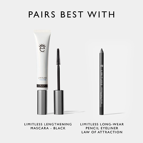 Image shows a tube of Limitless Lengthening Mascara in black and a Limitless Long-Wear Pencil Eyeliner labeled Law of Attraction, accompanied by the text Pairs Best With.