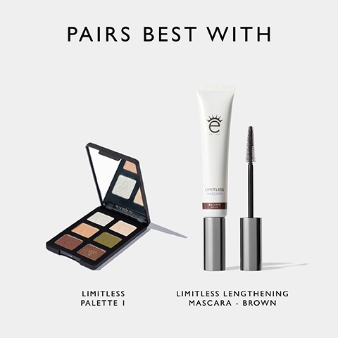 Image shows a makeup display featuring a black eyeshadow palette labeled Limitless Palette I with six shades, and a tube of Limitless Lengthening Mascara in brown, alongside its applicator, with the text PAIRS BEST WITH above.