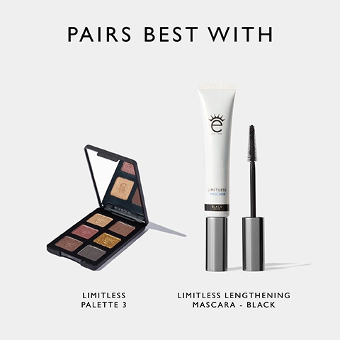 Image shows a makeup display featuring a closed eyeshadow palette labeled LIMITLESS PALETTE 3 on the left, and a tube of mascara labeled LIMITLESS LENGTHENING MASCARA - BLACK with a mascara wand on the right, with the text PAIRS BEST WITH above.