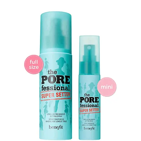 image 1, full size vs mini. Image 2, how to prime and set, 1 = pat the porefessional pore primer onto clean face from the center outwards. 2 = apply the rest of your makeup as usual. 3 = shake the porefessional super setter, hold 8 inches from face and mist evenly all over.