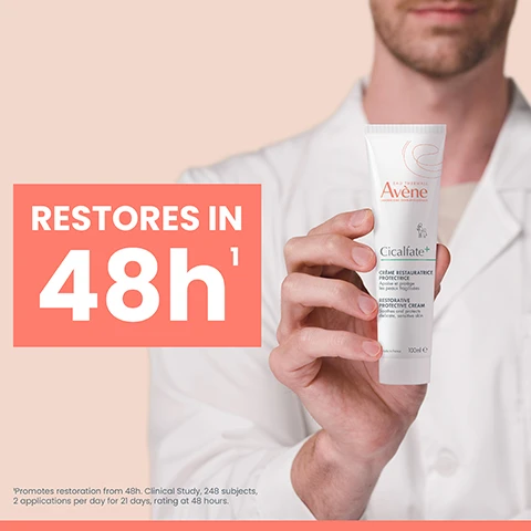 Image 1 - A person in a lab coat holds a tube of Avene Cicalfate+ restorative cream, with a large text area stating RESTORES IN 48h and additional details about a clinical study in smaller text below.
              Image 2 - Avene Cicalfate+ restorative protective cream tube is displayed, featuring the text 40 INDICATIONS OF USE and icons representing nappy area, localized dryness, sunburn, scars appearance, very dry hands, and post-waxing.
              Image 3 - A woman with curly hair holding a tube of skincare product stands against a pale peach background, with text on the left side reading soothing, restoring, purifying, and nourishing, accompanied by corresponding icons.
              Image 4 - A close-up image of clear bubbles with green spiral patterns inside, accompanied by text that states [C+-Restore]™: 2.5x more effective in replenishing the skin.