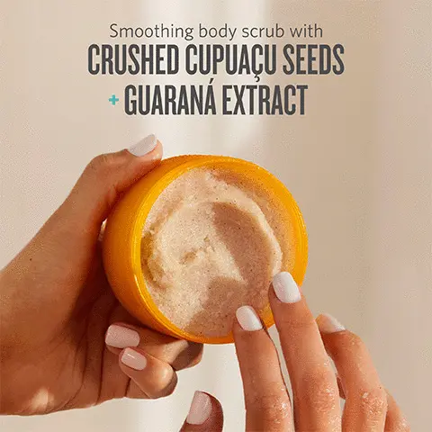 Image 1 - Smoothing body scrub with crushed cupuacu seeds and guarana extract. Image 2- Ultra fine crushed cupuacu seeds and sugar crystals gently exfoliate for soft glowing skin. Image 3- crushed cupuacu seeds gently buff away dry dead skin, coconut oil leaves skin soft without a greasy feel. Image 4- Moisturizes and softens. Image 5- Smooth deliciously scented skin. Image 6- Animal test free, vegan, paraben free and mineral oil free
