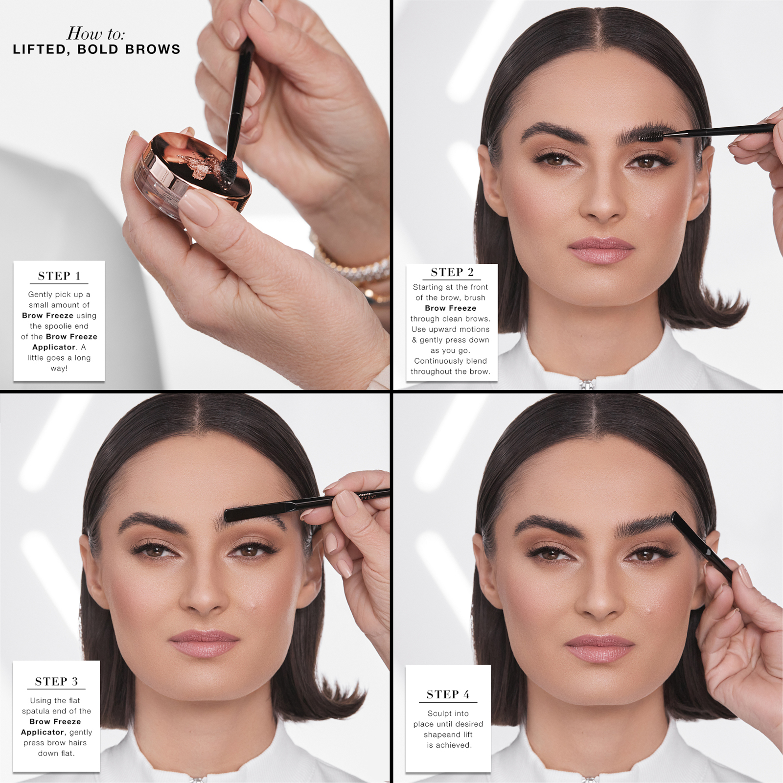 Images showing the step by step guide of how to get lifted, bold brows as explained in the directions