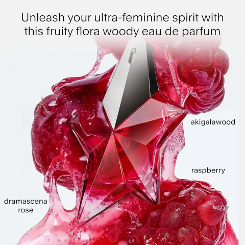 A red star-shaped perfume bottle is nestled among deep red berries and a reddish, viscous liquid, with text that reads Unleash your ultra-feminine spirit with this fruity flora woody eau de parfum, akigalawood, raspberry, dramascena rose.