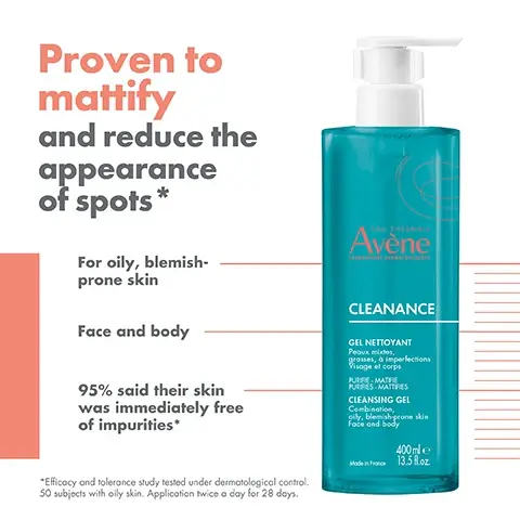 Image 1 - A turquoise bottle of Avène Cleanance cleansing gel is displayed, labeled as proven to mattify and reduce the appearance of spots, suitable for oily, blemish-prone skin, with text stating 95% said their skin was immediately free of impurities.
              Image 2 - A turquoise bottle of Avène Cleanance cleansing gel with a white pump top, featuring text that states CLEANANCE GEL NETTOYANT and icons indicating it mattifies, cleanses, soothes, and has a light texture, with the bottle size of 400 ml.
              Image 3 - Image shows three skincare products from Avene: a blue cleansing gel labeled CLEANSE, a white moisturizing concentrate labeled MOISTURISE, and an orange sunscreen labeled PROTECT, with numbers 1, 2, and 3 indicating the order of use.
              Image 4 - Image shows a blue, bubbly foam with the text Soft and Light Foam above and Easy to rinse-off next to a bubble.