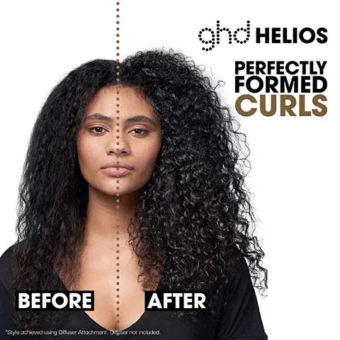 Image 1, ghd helios perfectly formed curls before and after. Image 2, drastically speeds up styling, 8/10 agree. aeroprecis technology. ergonomic balance for a lighter styling experience. Image 3, ghd helios 30% more shine.