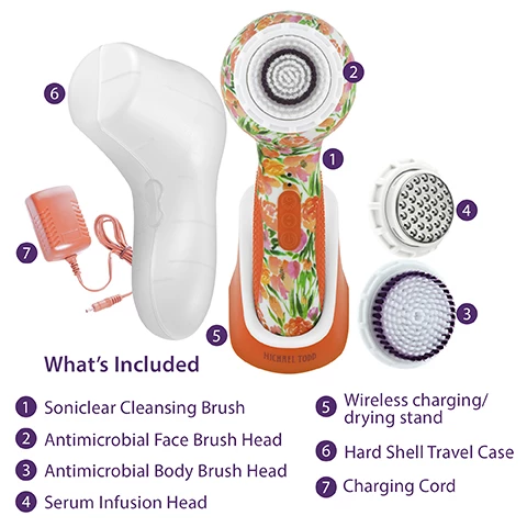 Image 1, what's included: 1 = soniclear cleansing brush. 2 = antimicrobial face brush head. 3 = serum infusion head. 4 = wireless charging/drying stand. 5 = hard shell travel case. 6 = USB charging cable. image 2, removes dirt, oil, sweat and makeup, gentle exfoliation, firmer skin and fewer wrinkles, minimizes blackheads. image 3, sonic technology, 3 speed settings, automatic timer, patented motor design. 38,000 brush bristles, antimicrobial protection, speed and charge indicator lights, waterproof and water submersible, on and off power button. image 4, 100% active brush bristles. patented sonic technology, 100% water submergible.