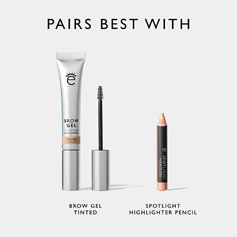 Image of a brow gel tube and a highlighter pencil with the text PAIRS BEST WITH at the top, and labels BROW GEL TINTED and SPOTLIGHT HIGHLIGHTER PENCIL below each product.