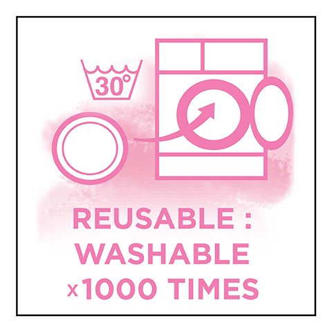 An illustration showing a washing symbol with a temperature of 30°C and an icon of a washing machine, accompanied by the text REUSABLE : WASHABLE x1000 TIMES.
