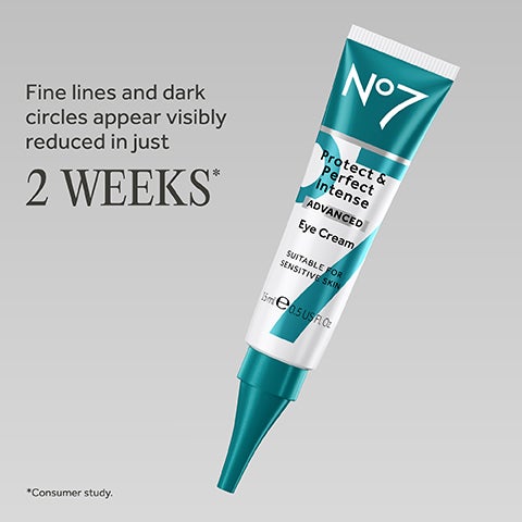 Teal and white tube with a pointed tip reading No7 Protect & Perfect Intense Advanced Eye Cream.