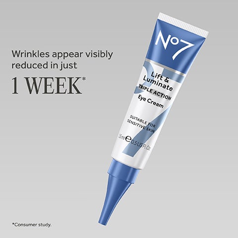 A white and blue tube with a blue nozzle reading No7 Lift and Luminate Triple Action Eye Cream.