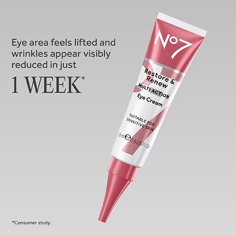A white and pink tube with a pointed pink nozzle reading No7 Restore & Renew Multi Action Eye Cream.