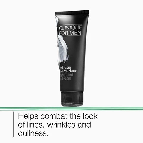 Image 1 - A black tube of Clinique For Men anti-age moisturizer is displayed on a glass surface, and the visible text includes a description of its benefits, stating that it helps combat the look of lines, wrinkles, and dullness.
              Image 2 - A glass container with a white creamy substance and a spoon inside it, alongside a smooth, clear gel-like substance in a bowl, labeled Hyaluronic acid and Glycerin respectively.
              Image 3 - A close-up image of a smooth, light-colored surface with a water droplet icon above the word hydrate and the word smooth below it.