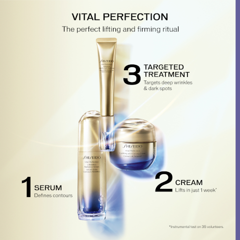 1 SERUM VITAL PERFECTION The perfect lifting and firming ritual 3 TARGETED TREATMENT Targets deep wrinkles & dark spots SHISEIDO SHISEIDO 29 CREAM Lifts in just 1 week *Instrumental test on 35 volunteers.