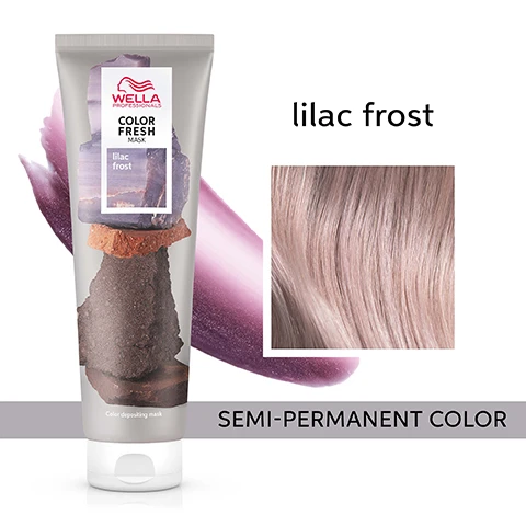 Image 1 - A tube of Wella Professionals Color Fresh Mask labeled lilac frost is shown next to a close-up image of light-colored hair, with visible text reading SEMI-PERMANENT COLOR.
              Image 2 - Image shows a side-by-side comparison of hair before and after a color treatment, with the left side displaying long, blonde hair labeled before and the right side showing wavy, lilac-colored hair labeled after, along with the text indicating Color Fresh Mask Lilac Frost applied to all the hair.
              Image 3 - A woman with long, wavy, light pink hair is shown in profile against a gray background, with the text that reads moisturized and smooth hair.
              Image 4 - Image shows the back of a person with wavy, pastel pink hair, flanked by two swatches of color and text that reads ZERO DAMAGE formula.
              Image 5 - Image shows a side-by-side comparison of hair color before and after a treatment, with descriptions indicating Before on the left and After on the right, including phrases regarding pre-lightened or balayage/highlights, and a note at the bottom stating results not noticeable on darker levels.
              Image 6 - A bottle of Wella Professionals Color Brilliance Shampoo with a red label and a matching tube of Color Brilliance Conditioner are positioned side by side, with the text FOR BEST RESULTS use with: above them.
              Image 7 - Image shows a flat lay of ten tubes of hair color products in various natural shades arranged in two rows, with the title 9 NATURAL LOOKING shades displayed at the top.