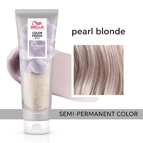 image 1, pearl blonde semi permanent colour. image 2, before - hair previously highlighted. after with colour fresh mask pear blonde applied to all the hair. image 3, moisturised and smooth hair. image 4, zero damage formula. image 5, results visible within 10 minutes. image 5, before (pre lightened or balayage highlights, level 8/0 and after on low porosity hair. results not noticeable on darker levels. image 6, for best results use with colour brilliance. image 7, 9 natural looking shades.