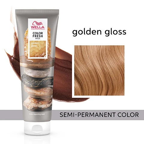 image 1, golden gloss semi permanent colour. image 2, before - hair previously pre lightened. after = colour fresh mask golden gloss applied to all the hair. image 3, moisturised and smooth hair. image 4, zero damage formula. image 5, results visible in 10 minutes. image 6, before (pre lightened or balayage highlights, level 8/0 and after on low porosity hair. results not noticeable on darker levels. image 6, for best results use with colour brilliance. image 7, 9 natural looking shades.