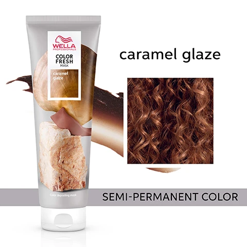image 1, caramel glaze semi permanent colour. image 2, before - hair previously pre lightened. after = colour fresh mask caramel glaze applied to all the hair. image 3, moisturised and smooth hair. image 4, zero damage formula. image 5, results visible in 10 minutes. image 6, before (pre lightened or balayage highlights, level 8/0 and after on low porosity hair. results not noticeable on darker levels. image 6, for best results use with colour brilliance. image 7, 9 natural looking shades.