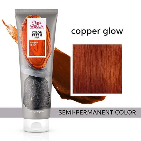 image 1, copper glow semi permanent colour. image 2, before - hair previously pre lightened. after = colour fresh mask copper glow applied to all the hair. image 3, moisturised and smooth hair. image 4, zero damage formula. image 5, results visible in 10 minutes. image 6, before (pre lightened or balayage highlights, level 8/0 and after on low porosity hair. results not noticeable on darker levels. image 6, for best results use with colour brilliance. image 7, 9 natural looking shades.