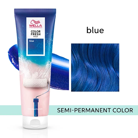 image 1, blue semi permanent colour. image 2, before - hair previously pre lightened. after = colour fresh mask pink applied to all the hair. image 3, moisturised and smooth hair. image 4, zero damage formula. image 5, results visible in 10 minutes. image 6, before (pre lightened or balayage highlights, level 8/0 and after on low porosity hair. results not noticeable on darker levels. image 6, for best results use with fusion shampoo and conditioner. image 7, 4 natural looking shades.