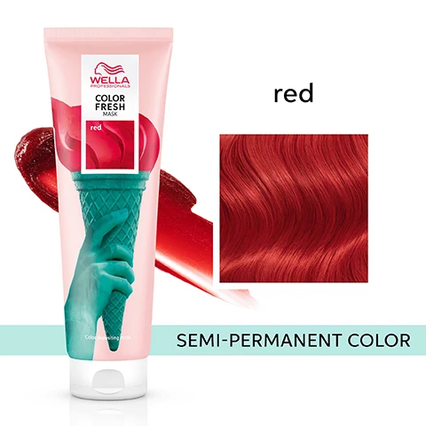 Image 1 - A tube of Wella Professionals Color Fresh Mask in red, featuring a turquoise ice cream cone design, with a side image showing a wavy red hair color, and the text SEMI-PERMANENT COLOR below.
              Image 2 - A split image shows two sections of hair; the left side features hair that is a lighter orange shade labeled before with the text previously colored in similar tone direction, and the right side showcases vibrant red hair labeled after with the text Color Fresh Mask Red applied to all the hair, alongside a red lipstick mark on the left.
              Image 3 - A person with a red braided hairstyle is shown from the back, accompanied by the text that reads MOISTURIZED AND SMOOTH hair, with a red lipstick smear on the side.
              Image 4 - A person with long, wavy red hair is seen from behind, holding their hair, and the text ZERO DAMAGE and formula are displayed above and below the image.
              Image 5 - A woman with curly, red hair is applying hair dye while wearing black gloves, with a light blue background and splashes of red hair color on the sides; the text reads RESULTS VISIBLE WITHIN 10 minutes.
              Image 6 - Alt text: A comparison image showing hair color results before and after treatment, with sections labeled Before, After Low Porosity, Pre-Lightened or Balayage/Highlights, Level 8/0, and Level 5/0, and a note stating Results not noticeable on darker levels.
              Image 7 - Image shows two hair care products from Wella: a white bottle labeled Fusion Intense Repair Shampoo and a white tube labeled Fusion Intense Repair Conditioner, both with gold accents, along with the text FOR BEST RESULTS use with.
              Image 8 - Four colorful tubes of beauty products are arranged vertically against a red and white background, with the text 4 VIBRANT shades displayed above.