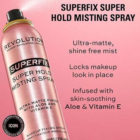 REVOLUTION MAKEUP REVOLUTION LONDO SUPERFIX SUPER HOLD MISTING SPRAY REVOLUTION ICON REVOLUTIO ULTRA MATTE FINISH WITH ALOE AND VITAMIN E REVOLUTION SUPERFIX SUPER HOLD MISTING SPRAY MAKEUP FIXING SPRAY PRAY FIXATEUR MAQUILLAGE US)/150 mio Ultra-matte, shine free mist Locks makeup look in place Infused with skin-soothing Aloe & Vitamin E