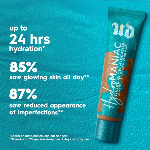 up to 24 hours hydration, 85% saw glowing skin all day, 87% saw reduced appearance of imperfections. based on instrumental clinical skin test. based on 281 person study over 7 days of daily use.