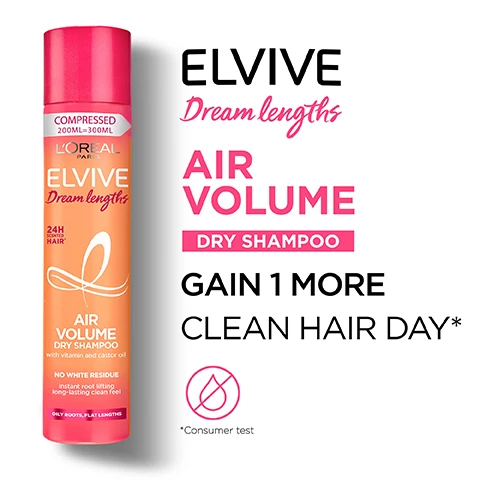 Image 1 - A product image displays an orange and pink LOreal Elvive Dream Lengths Air Volume Dry Shampoo can with text reading COMPRESSED 200ML=300ML, LOREAL PARIS, ELVIVE Dream lengths, 24H SCENTED HAIR, AIR VOLUME DRY SHAMPOO with vitamin and castor oil, NO WHITE RESIDUE instant root lifting long-lasting clean feel, OILY ROOTS, FLAT LENGTHS, alongside larger marketing text that says ELVIVE Dream lengths AIR VOLUME DRY SHAMPOO GAIN 1 MORE CLEAN HAIR DAY* with a crossed-out water droplet symbol and *Consumer test. Image 2 - Five LOréal Elvive Dream Lengths hair products are displayed on a pink background with text that reads IN-BETWEEN WASHES STYLE EXTENDERS, LOréal Paris ELVIVE Dream lengths SUPER BLOWDRY CREAM with vitamin and castor oil LEAVE-IN nourish lengths & ease blowdry repositionable definition 72h shape memory LONG, BLOWDRIED HAIR NEW, LOréal Paris ELVIVE Dream lengths WAVES WATERFALL MOUSSE with vitamin and castor oil 24H SCENTED HAIR NON CRUNCHY - NON STICKY instant moisture soft and bouncy waves 48h hold and definition LONG, WAVY HAIR NEW, LOréal Paris ELVIVE Dream lengths AIR VOLUME DRY SHAMPOO with vitamin and castor oil NO WHITE RESIDUE COMPRESSED 200ML=300ML instant root lifting long-lasting clean feel OILY ROOTS, FLAT LENGTHS 24H SCENTED HAIR NEW, LOréal Paris ELVIVE Dream lengths HEAT SLAYER IRON SPRAY with vitamin and castor oil LEAVE-IN heat damage shield humidity-proof 3 day sleek LONG, SLEEK HAIR NEW, STYLE HAIR. MAXIMUM CARE.
