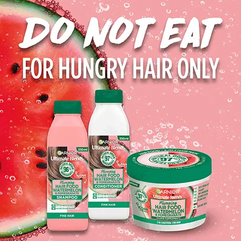 Image 1, do not eat for hungry hair only. Image 2, plumping watermelon. Image 3, natural origin up to 98%. Image 4, yummiest texture. Image 5, yes vegan leaping bunny approved by yes cruelty free international yes recyable and no silicone. Image 6, approved by cruelty free international under the leaping bunny program