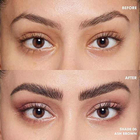 Image 1, before and after with shade 6 ash brown. Image 2, step 1 = brush brow hair upward using spoolie. step 2 = feather micro hair like strokes using ash brown lift and snatch brow pen. step 3 = blend through brow hair using spoolie. step 4 = slay with lifted brows for 16 hours.