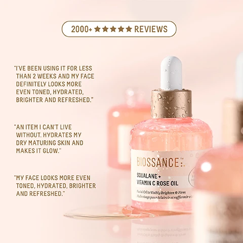 Image 1 - A close-up image of pink facial oil bottles with a dropper cap, featuring visible text that reads BIOSSANCE SQUALANE + VITAMIN C ROSE OIL Facial Oil to Visibly Brighten & Firm and several customer reviews highlighting the products hydrating benefits and its ability to improve skin tone, with 2000+ ★★★★★ REVIEWS at the top.
              Image 2 - Image shows a side-by-side comparison of skin before and after 28 days of using a product, with BEFORE (0 DAYS) above the left image showing more visible wrinkles, and AFTER (28 DAYS) above the right image showing smoother skin; a bottle of Squalane + Vitamin C Rose Oil is shown at the bottom right.
              Image 3 - A close-up image of a pink bottle of Biossance Squalane and Vitamin C Rose Oil with a dropper, featuring text that reads: After 3 weeks, 97% agree skin firmness and suppleness is improved, 91% agree skin appears younger looking, 91% agree skin has a healthy radiant glow, and a footnote about the study details.
              Image 4 - An image of a pink bottle labeled Biossance: Squalane + Vitamin C Rose Oil with a dropper cap hanging above it, and text on the left that says MAKEUP MULTITASKER, followed by three bullet points outlining uses for the product.
              Image 5 - A bottle of Biossance Squalane + Vitamin C Rose Oil is surrounded by a rose, an orange slice, and oil droplets, with text describing the benefits of Chios Crystal Oil, Sugarcane-Derived Squalane, and Advanced Vitamin C.