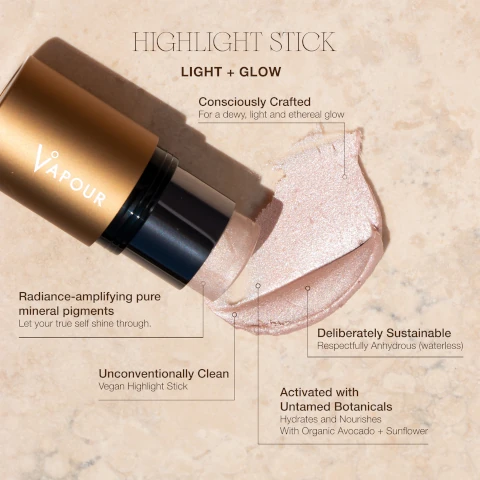 highlight stick light + glow. consciously crafted for a dewy, light and ethereal glow. Radiance amplifying pure mineral pigments, let your true self shine through. Unconventionally clean, vegan highlight stick. activated with untamed botanicals, hydrates and nourishes with organic avocado and sunflower. Deliberately sustainable, respectfully anhydrous (waterless)