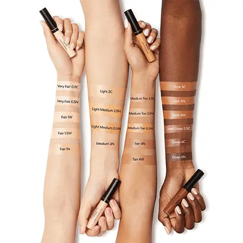 Image 1, model arm swatches of all shades. Image 2-4, model close up shots of wearing all shades. Image 5, Conclearer shade chart