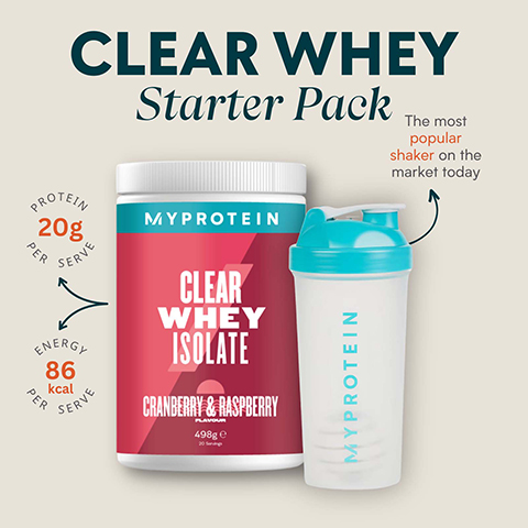 clear whey starter pack. Proteinper serve - 20g. 86 kcal energy per serve. The most popular shaker on the market today