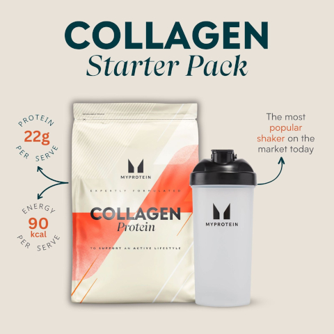 Image 1 - Image shows a collagen protein starter pack with a white shaker bottle beside it; the package displays COLLAGEN Protein in large letters and text indicating it contains 22g of protein and 90 kcal per serving, along with the statement The most popular shaker on the market today.