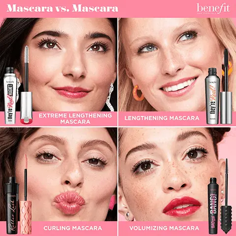 image 1, mascara vs mascara. extreme lengthening mascara, lengthening mascara, curling mascara, volumizing mascara. Image 2, they're real, magnetic core attracts magnetically charged formula and draws mascara out and beyond the tops of the lashes.