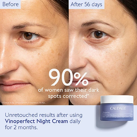 image 1, before and after 56 days. 90% of women saw their dark spots corrected. unretouched results after using vinoperfect night cream daily for 2 months. image 2, new skin effect in the morning. 90% of women saw their dark spots corrected. image 3, papaya enzyme = exfoliates and brightens. viniferine = 62 times more effective rhan vitamin c, corrects and prevents dark spots. glycolic acid (AHA) refines texture overnight. image 4, brightening glycolic essence. brightening micropeel foam. brightening dark spot serum. brightening eye cream. instant brightening moisturiser. glycolic night cream.